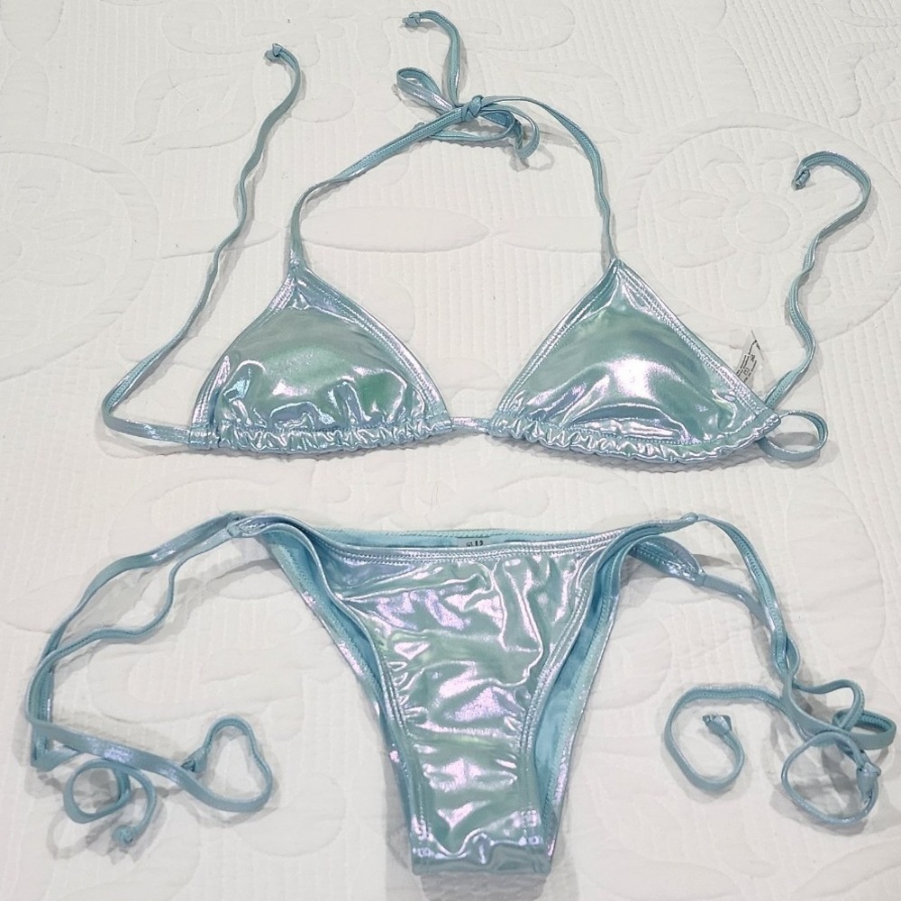 Unbranded Iridescent Blue Metallic Triangle Bikini Set Side Tie Swimsuit Small
